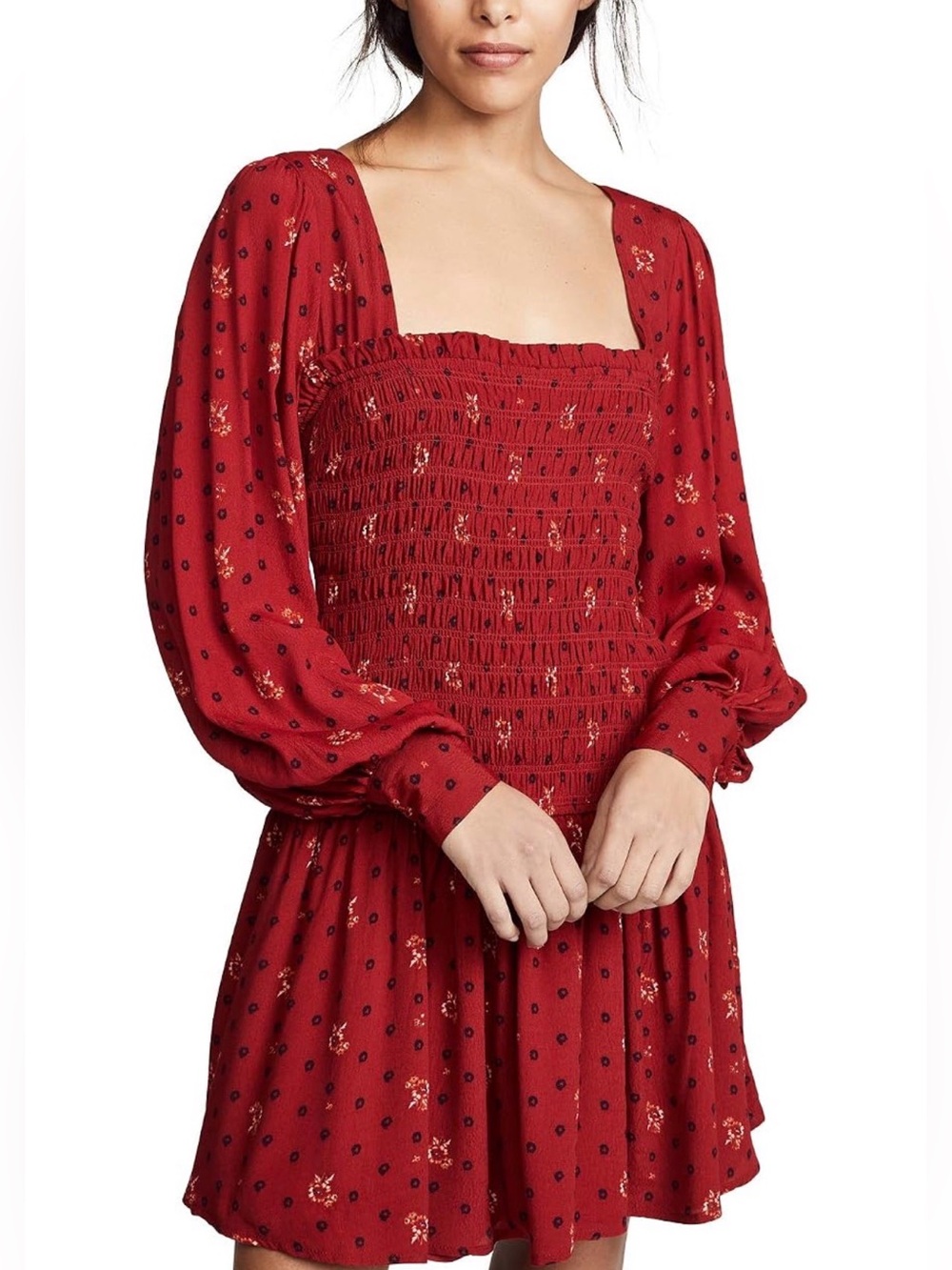 NWT Free People Two Faces Ruby Combo Mini Dress w Long Billowy Sleeves, Medium